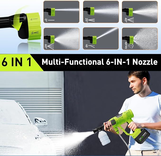 Cordless Car Washer, 1100PSI, Portable Cleaning Tool with 6-in-1 Nozzle, 10 Spray Settings, Battery Display, Self-Priming System for Car, Garden, Patio & Floor