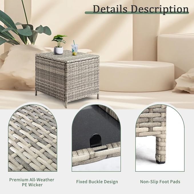 Ochine Outdoor Wicker Storage Side Table, Patio Brown PE Rattan End Table with Storage, Square Container for Furniture Covers, Gardening Tools, 19.7 x 19.7 x 16.5 Inches