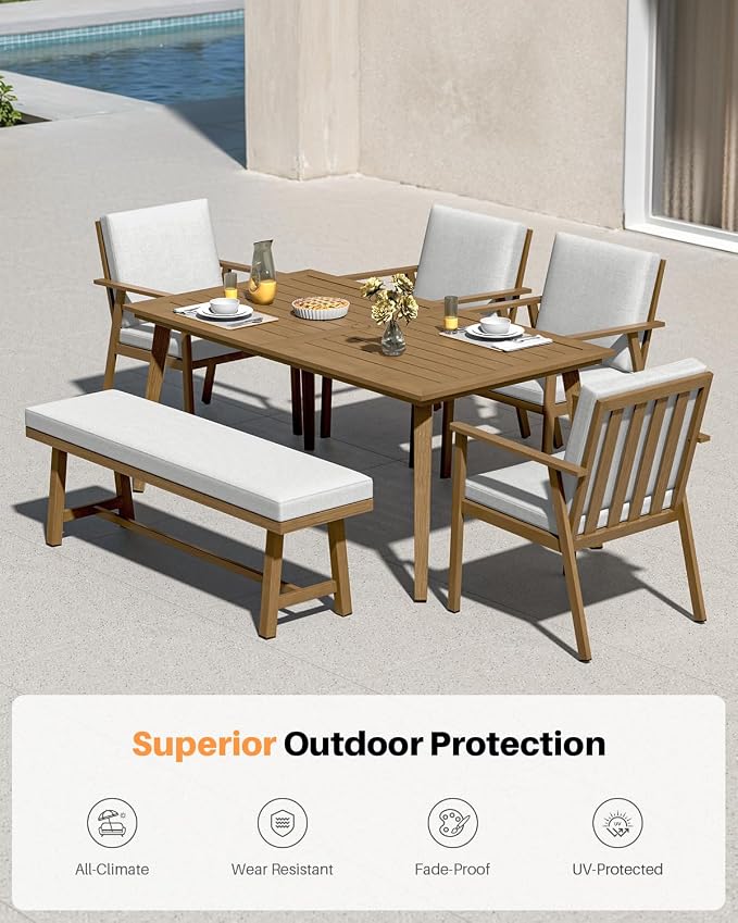 6-Piece Outdoor Dining Set, Aluminum Outdoor Table and Chairs Set with 4 Dining Chairs & Backless Bench, Weather-Resistant Bench Dining Table Set with Removable Cushions for Garden, Deck, Teak