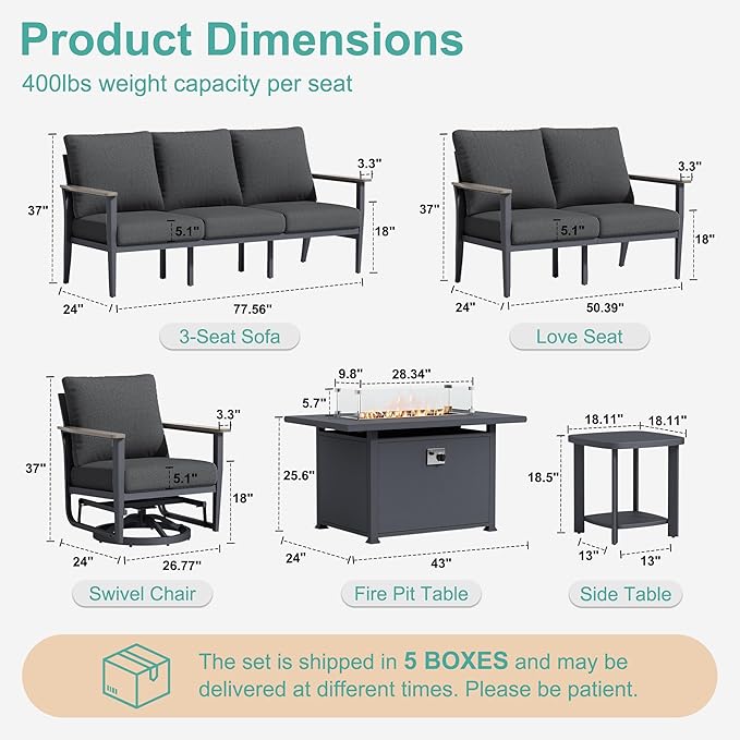 7-Seat Outdoor Patio Furniture Set with Rocking Swivel Chair, Aluminum Sectional Sofa Patio Conversation Set with 55,000 BTU Fire Pit Table & High Backrest & Thickened Cushions, Dark Grey