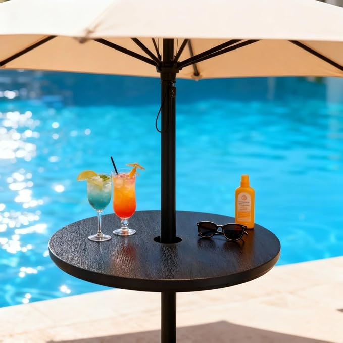 Outdoor Umbrella Table Top, 15'' Outdoor Side Tables with Umbrella Hole, Adjustable Round Umbrella Table Tray for Patio, Garden, Balcony, Pool, Black(2pcs)