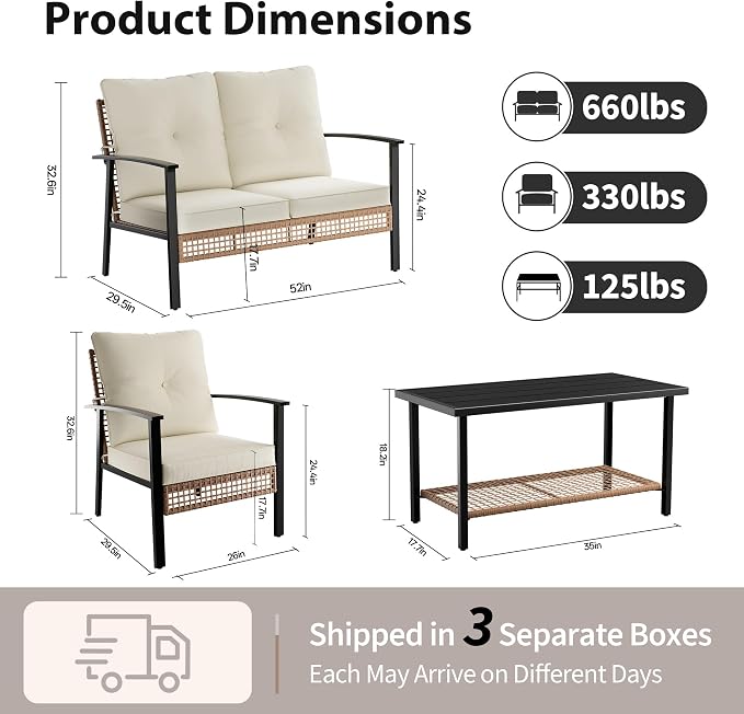 Deersky 4 Piece Outdoor Patio Furniture Set, All-Weather Modern PE Wicker Rattan Conversation Set with 4" Cushions for Comfortable, Easy to Assemble, Cream White