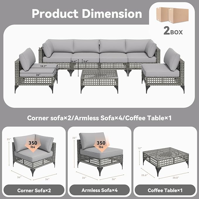 AECOJOY 7 PCS Patio Outdoor Furniture Set with Tea Table, Boho Outdoor Sectional Outdoor Sofa Wicker Conversation Set, Grey Rattan&Light Grey Cushions