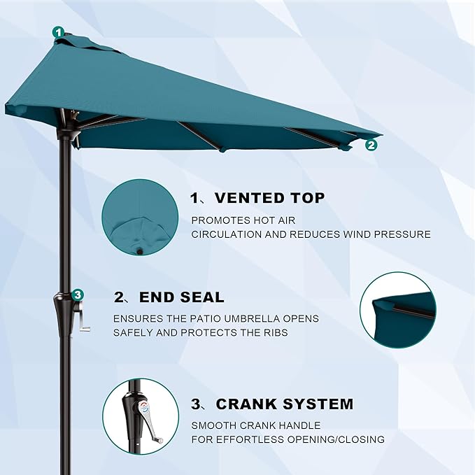 AreShark 9FT Half Patio Umbrella, Outdoor Wall Umbrella with Crank & 5 Sturdy Ribs, Table 1/2 Umbrella Patio for Garden, Deck, Balcony and Pool, Lake Blue