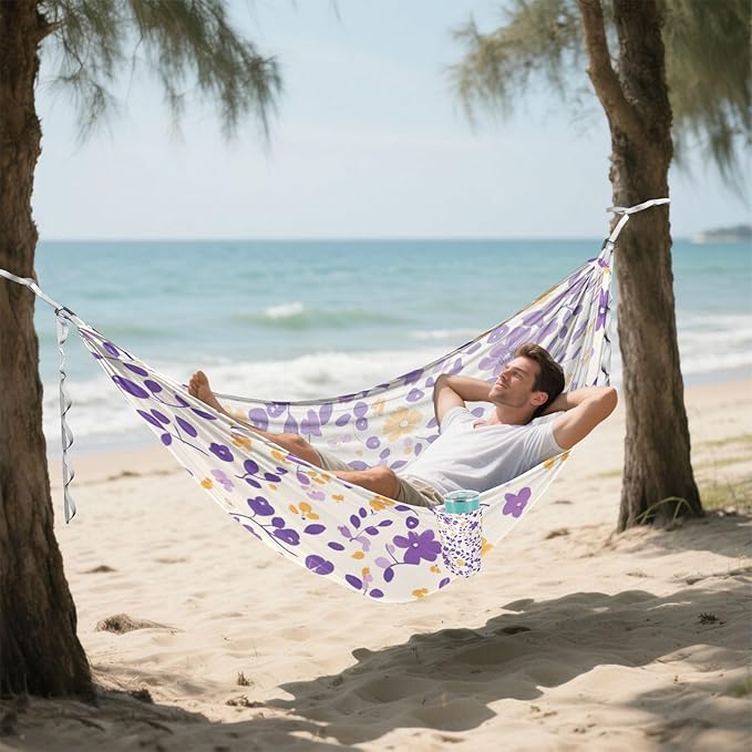 Multi-Small Flowers and Leaves Purple and Yellow 330lb Capacity Hammocks with Hanging Rope Portable Hammock for Outside Beach Patio Garden soporte para hamacas para adultos
