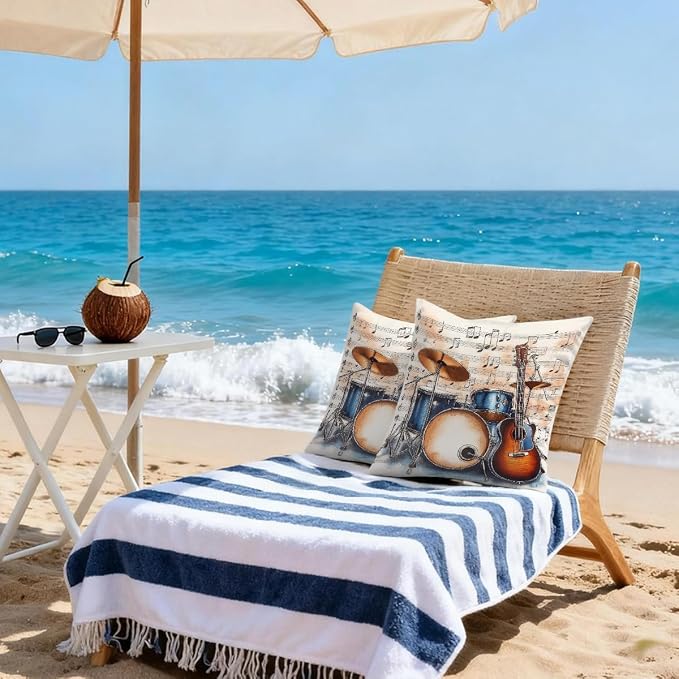 16x16 Inch Outdoor Pillow Covers Set of 2 Waterproof Throw Pillow Covers Decorative Couch Cushion Covers Music Guitar Drum Stand Square Pillowcases Protectors for Patio Garden Sofa