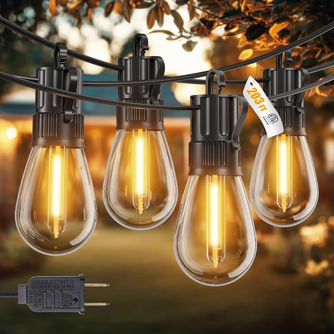 Minetom 203FT Outdoor String LED Patio Lights Waterproof,Shatterproof S14 Vintage Edison Bulbs,Commercial Grade Outside Hanging Lights Waterproof for Porch Deck Garden Backyard Balcony Cafe Bistro