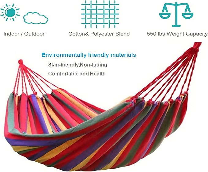 Single Person Rainbow Cotton Fabric Canvas Travel Hammocks 500lbs Ultralight Camping Hammock Portable Beach Swing Bed with Carrying Bag for Outdoors and Indoors