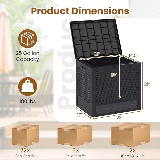 Tangkula 25 Gallon Outdoor Storage Box, Waterproof PP Resin Patio Storage Box with with Lockable Lid for Indoor & Outdoor Use, 2-in-1 Rattan Design Deck Box for Patio Cushions, Garden Tools