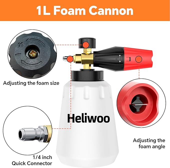 Short Pressure Washer Gun with Foam Cannon 5000 PSI, 1/4 Inch Quick Connector, with 5 Pressure Washer Nozzle Tips, 1 Liter