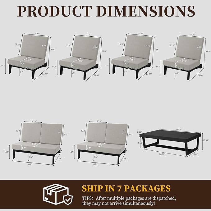 UIXE 7 Pieces All Weather Black Wood Patio Furniture Sets, 2 Patio Loveseat, 4 Patio Bistro Chair, Outdoor Sectional Sofa Furniture Backyard Conversation Set with Coffee Table - Light Camel