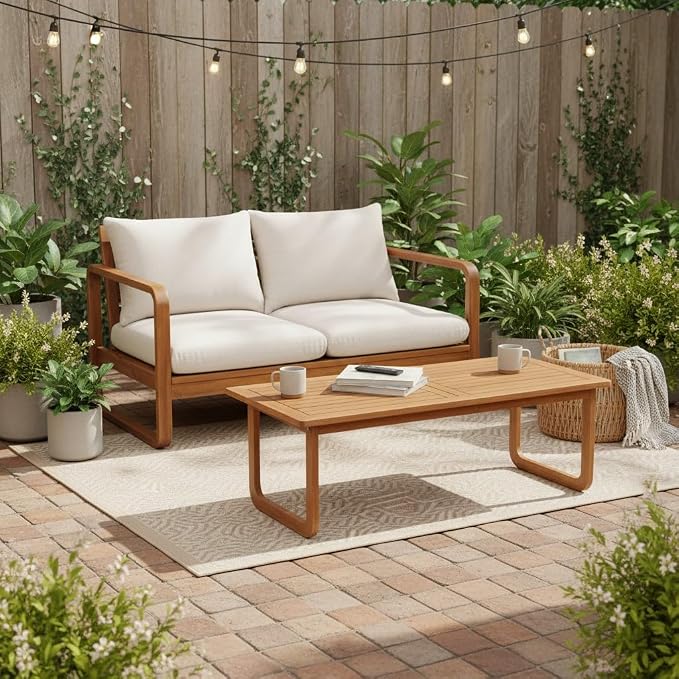 Christopher Knight Home Myra Acacia Wood Outdoor Loveseat and Coffee Table Set, 2 Piece Patio Furniture Set with Cushions, Patio Conversation Set with Slatted Design for Backyard, Teak + Beige