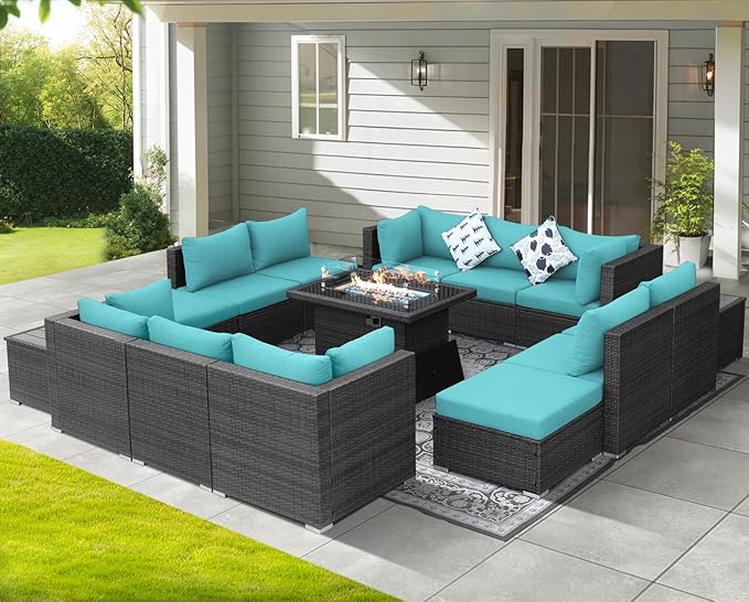 NICESOUL 15 Piece Outdoor Sectional with Fire Pit Table, Modern Luxury Patio Deep Seating w/Firepit, 29.3'' High-Back Wicker Couch Thick, Big High-Weight Capacity Sofa for Terrace, Yard, Gray & Teal