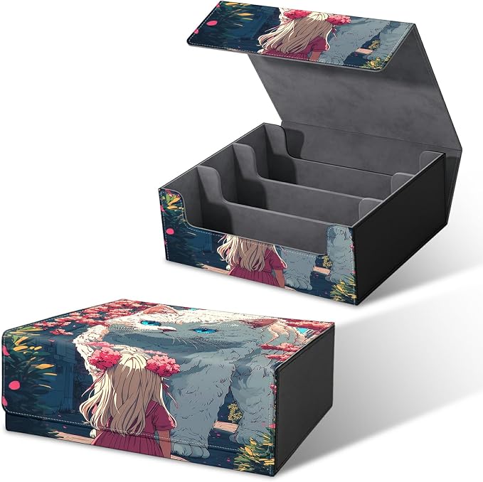 Large Card Deck Box for MTG, Fits 1200+ Sleeved Cards, PU Leather Storage Case with Strong Magnetic Closure, Multiple Colors Available for TCG CCG Baseball Card Collections, Big Cat Girl