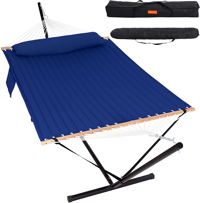 Lazy Daze Hammocks 2 Person Hammock with 12FT Stand for Outside, Quilted Double Hammock with Detachable Pillow, Balance Strap & Carrying Bag Included, 450lbs Capacity, Tool-Free Assembly, Navy Blue