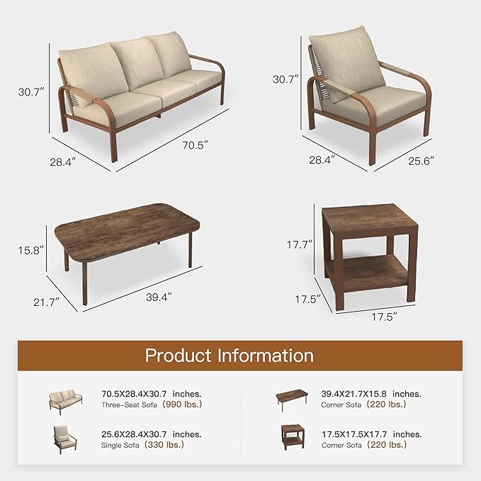 5-Piece Outdoor Patio Furniture Set, Aluminum Frame with Side Table, Hand-Woven Rattan Design, Waterproof Fabric, Ideal for Patio, Deck, and Porch, Beige