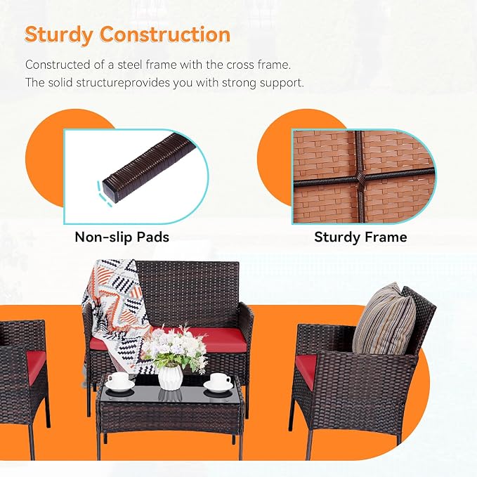 Patio Furniture Set, Outdoor Furniture Set 4 Pieces Patio Conversation Set PE Rattan Chair with Cushion Tempered Glass Table Garden Balcony Sets for Yard Pool Backyard Brown/Red