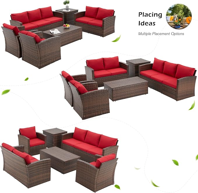 AECOJOY 7 Pieces Patio Furniture Set with Two Storage Boxes, Outdoor Wicker Sectional Sofa, All-Weather Rattan Conversation Set for Garden, Backyard, Red Cushion&Brown Rattan
