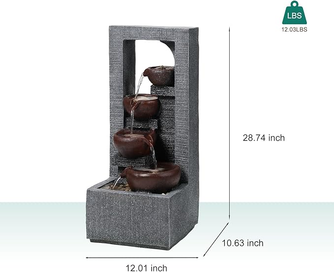 29" Outdoor Water Fountain - Durable Polyresin Tea Bowls Style Waterfall with LED Lights & Adjustable Pump, Serene Water Fountain Outdoor for Garden, Patio, Deck, and Backyard Decor (28.74")