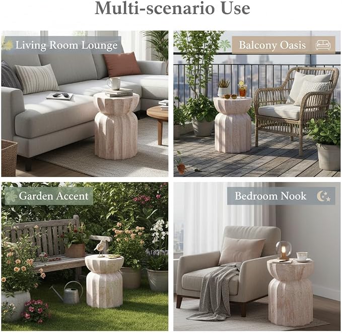 Merax 18.9" H Modern Outdoor Concrete Side Table, Patio End Table with Sculptural Fluted Design, Weather-Resistant Hourglass Shape Accent Table for Garden, Balcony & Poolside, Beige Marble