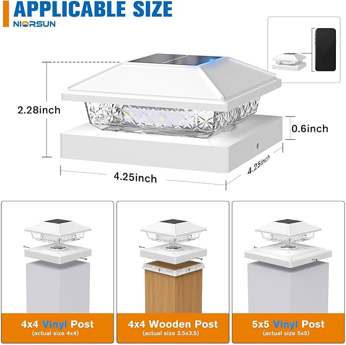Solar Post Cap Lights,4x4 Post Solar Lights Cool White,White 8 Pack | Fence Post Solar Lights for 4x4 Post Caps Wood Vinyl &5x5 Vinyl Post,IP64 Waterproof Solar Post Lights Outdoor for Deck