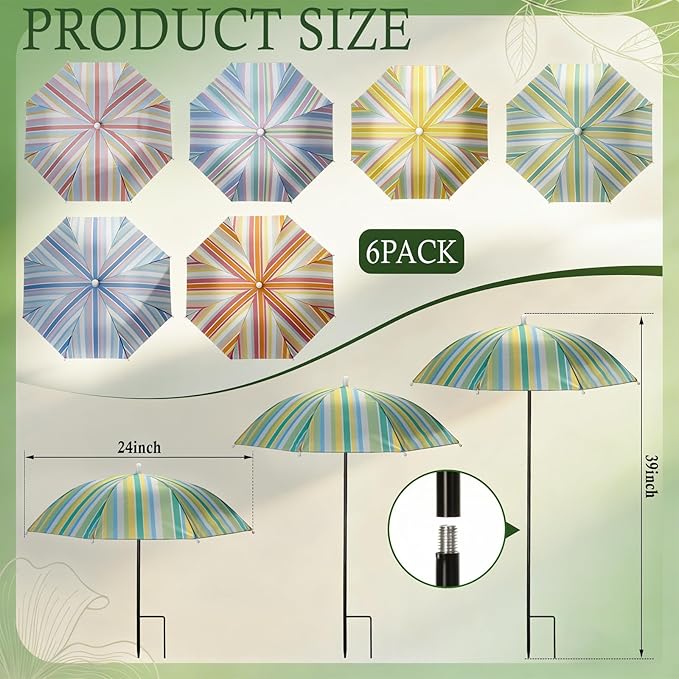Hillban 6 Pack Plant Shade Umbrellas for Outdoor Plants 23.6" Large Garden Umbrella Shade for Potted Flower with Adjustable 40" H Sunshade Cover for Patio Garden Bed Flowers(Striped Pattern)