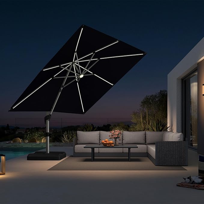 PURPLE LEAF 10 Feet Patio Umbrella with Lights Outdoor Square Cantilever Umbrella Solar Powered LED with 360-degree Rotation for Garden Deck Pool Patio, Black