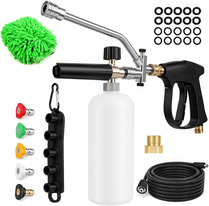 XOOL Pressure Washer Foam Cannon with Dual Connector, Car Wash Foam Gun Kit 1/4 Inch Quick Connector with 5 Power Washer Sprayer Nozzles, 5M Water Hose, Adapter, Cleaning Gloves, 1 Liter