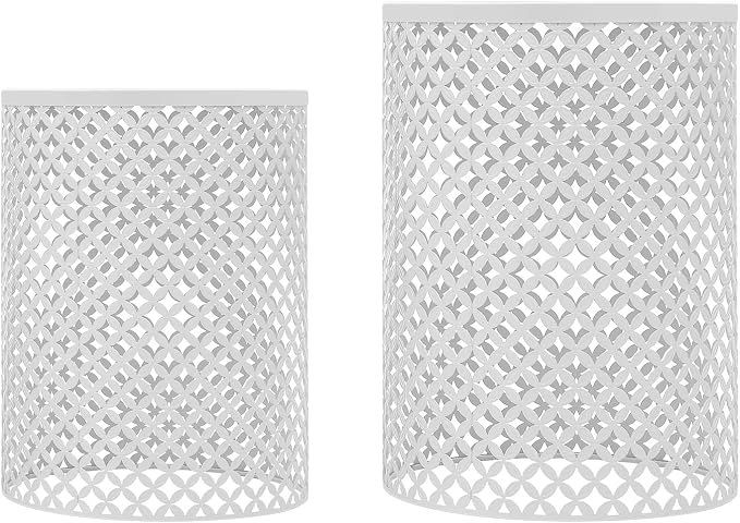 Side Table Set of 2, Iron Side Table 14.6x19.3In & 12.6x16.5In, Metal Accent Table with Openwork Flower Pattern, Cylindrical Freestanding Outdoor End Table for Patio Garden Living Room (White)