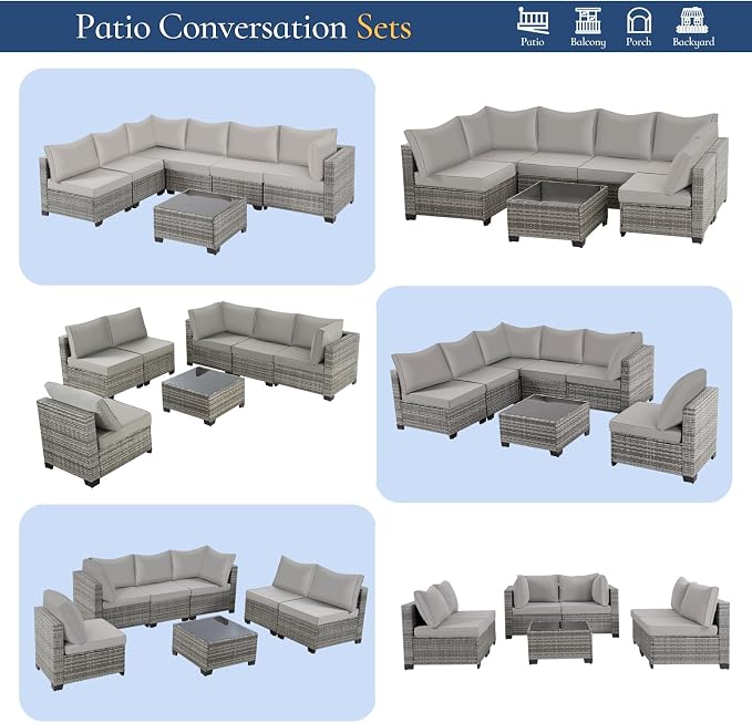 FHFO 14 Piece Outdoor Wicker Patio Furniture Set, Grey/Light Grey | Sectional Sofa | All-Weather Hand-Woven Rattan | Tempered Glass Coffee Table | Free Combination | Indoor & Outdoor Use
