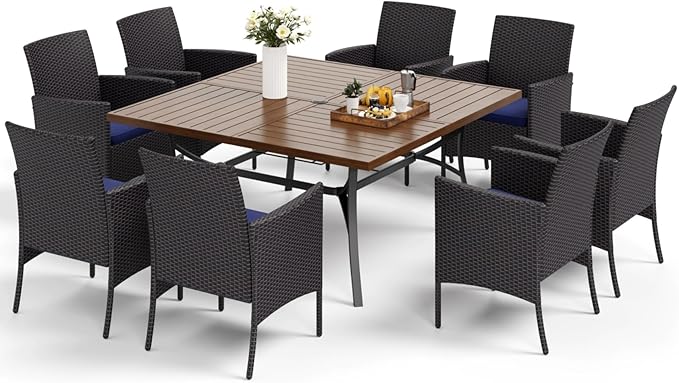 MFSTUDIO Outdoor Dining Set for 8, Patio Table and Chairs, Outdoor 57.5" Square Metal Table with Chairs, 9 Pieces Patio Furniture Dining Set
