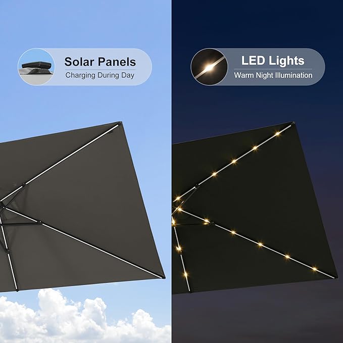 PURPLE LEAF 5' x 8' Rectangular Patio Umbrella with Solar LED Outdoor Table Umbrella Aluminum Frame Market Umbrella Sun Umbrella for Garden Deck Lawn Pool Gray
