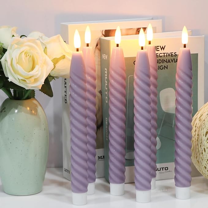 Purple Flameless Taper Candles Real Wax Flickering with Remote Timer, Gentle Lavender LED Spiral Candles Battery Operated 6 Pack 9.8 inch, Wedding Birthday Home Party Holiday Dinner Decor