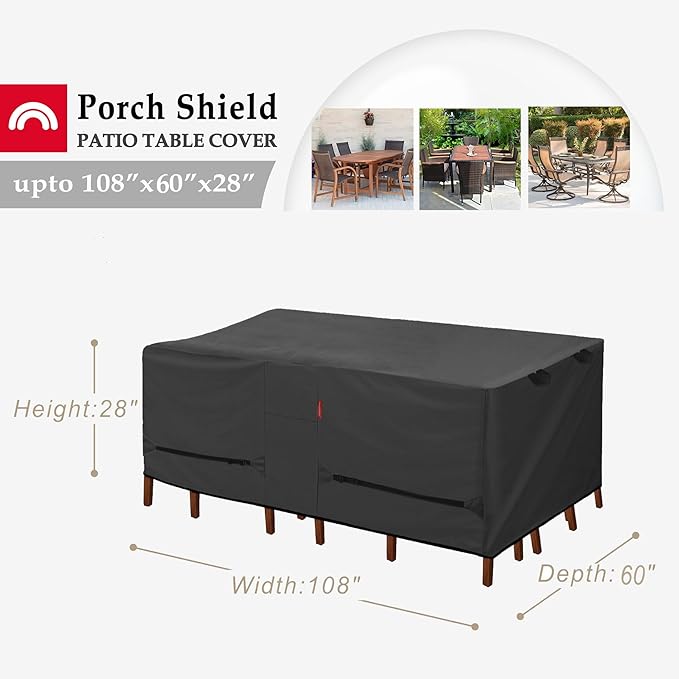 Porch Shield Patio Table Cover - Waterproof Outdoor Dining Table and Chairs Furniture Set Cover Rectangular - 108 x 60 inch, Black