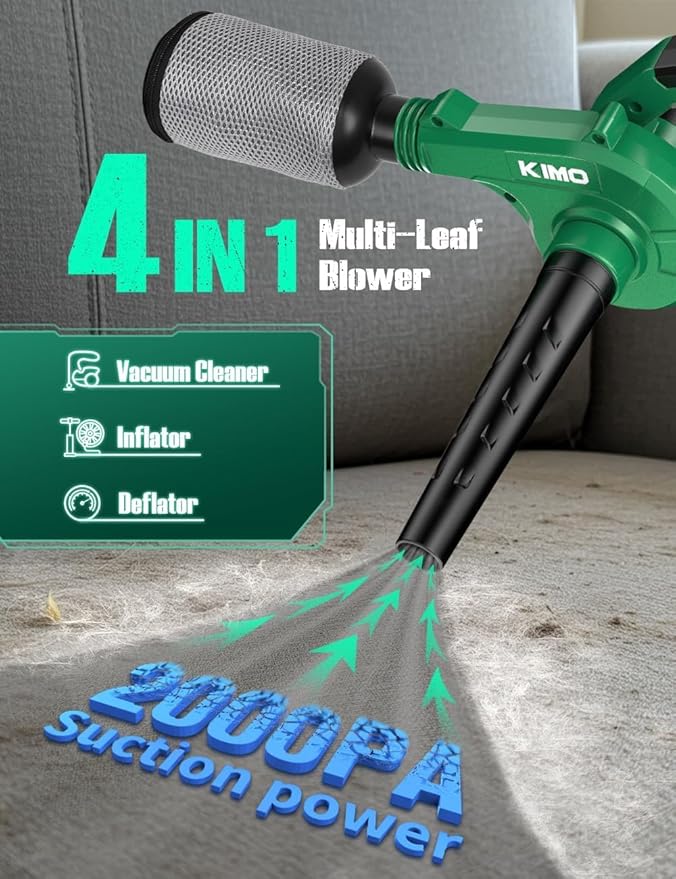 KIMO 20V Weed Wacker and Blower Combo w/2 x 2.0Ah Battery & Charger, Brushless Motor, 20000RPM 12" String Trimmer & Edger w/ 10PCS Cutting Lines, 260CFM/190MPH Cordless Leaf Blower w/Vacuum, 3 Nozzles