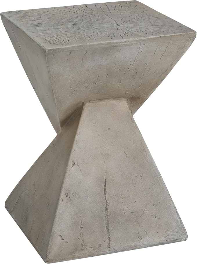 Lightweight Concrete Outdoor Side Table,Hourglass Shape End Table,Wood-Like Texture Modern Small Geometric Accent Tables for Patio Garden Balcony Porch, 12.25" H Light Gray