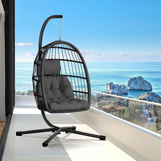 CHABATREE Egg Chair with Stand,Patio Rattan Wicker Hanging Swing Egg Chair Hammock Chair for Bedroom Porch Garden,Thickened Aluminum Alloy Steel Frame and UV Resistant Cushion,350LBS Capacity(Grey)