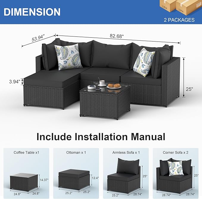 Patio Furniture Set, 5PCS Patio Sectional with Ottoman Wicker Rattan Outdoor Furniture with Thickened Cushion Modular Wicker Patio Conversation Set with Glass Top Table for Balcony, Backyard (Black)