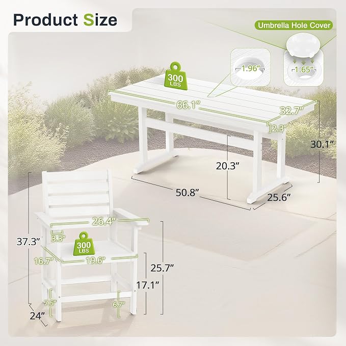 7 Piece Outdoor Dining Set, HDPS Patio Table and Chairs Set, 66" Patio Table with 1.96" Umbrella Hole & 6 Chairs, All Weather Furniture for Garden, Backyard, Poolside (White)