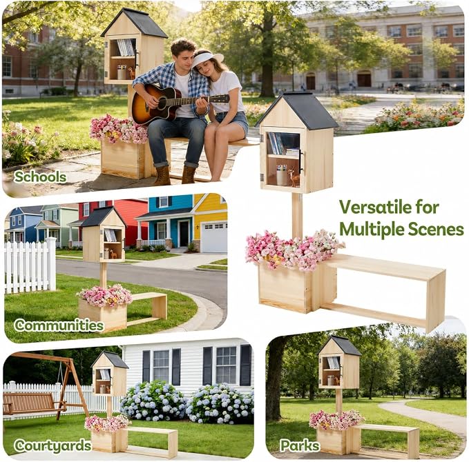 Little Library Box Outdoor with Bench & Planter, 3-in-1 Solid Pine Wood Community Book Exchange Box, Outdoor Neighborhood Library Station with Ground Stakes for School, Garden, Park & Patio