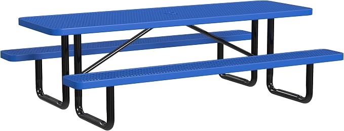 Leisure Craft Metal Picnic Table with Bench - 8 ft Rectangle Outdoor Dining Table for 8, Umbrella Hole, Weatherproof Heavy Duty Thermoplastic Coating, Commercial Grade Furniture Made in USA - Blue