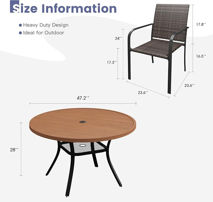 VICLLAX 7 Pieces Patio Dining Set, 6 Stakable Wicker Outdoor Chairs and 47" Patio Round Metal Table with Umbrella Hole for Backyard Lawn Deck, Walnut Tabletop