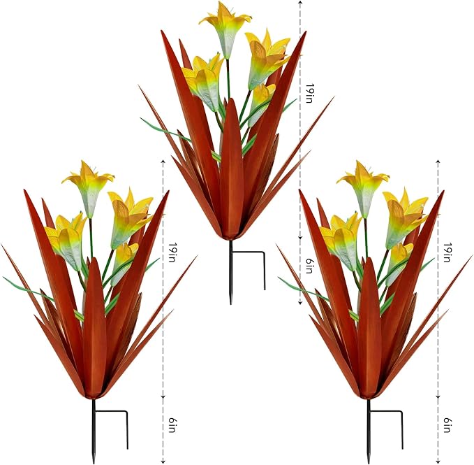 Homight Metal Agave Plant Outdoor Decoration Lily Mexican Yard Art Garden Gift Home Decor Hand Painted Metal Agave Garden Yard Statue, Outdoor Lawn Ornaments(3 Big Yellow Lilies)