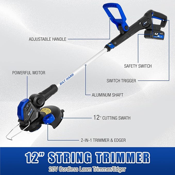 BILT HARD 20V Cordless Weed Wacker & Blower Combo with 2 x 4.0Ah Batteries and Dual Charger, 12'' Electric String Trimmer Edger and Leaf Blower Combo Set