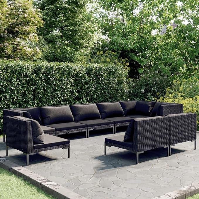 9 Piece Patio Lounge Set with Cushions,Patio Furniture Set,Outdoor Sectional Sofa,Patio Conversation Seat,Deck Casual Furniture,Backyard Decor,for Garden,Backyard, Poolside,Poly Rattan Dark Gray
