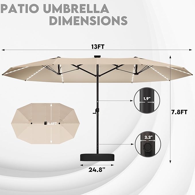 GDPFN 13ft Large Patio Umbrella with Solar Lights, Outdoor Double-Side Rectangular Umbrella with Base Included, Backyard Pool Umbrella with LED Light for Deck, Outside, Market, Beige