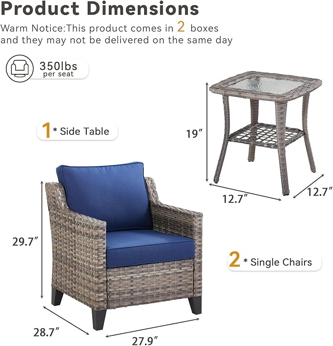 3 Pieces Patio Furniture Sets-Outdoor PE Rattan Wicker Chairs with Thickened Cushion and Glass Coffee Table,All Weather Patio Conversation Set for Garden Backyard Porch Deck Grey/Blue