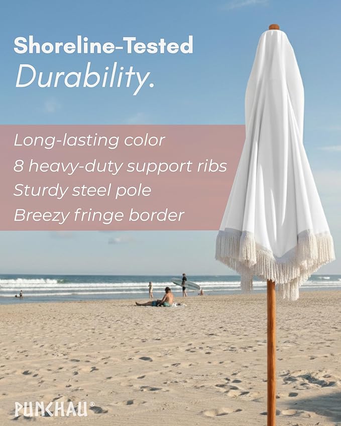 6 Ft Fringe Patio Umbrella - Outdoor Umbrella for Patio, Pool, Table, Garden, Deck, Beach, and Outdoors - Fashionable Boho Vintage Tassels & Wood Print - Push Button Tilt Pole