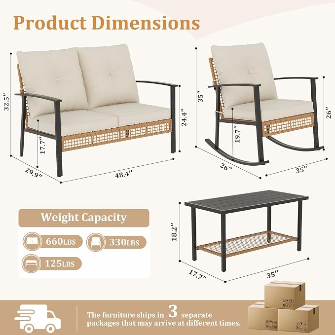Deersky 4 Piece Outdoor Patio Furniture Set, Outdoor Rocking Chairs and Table, All-Weather Modern PE Wicker Rattan Patio Conversation Set for Porch Sunroom Deck and Yard, Cream White
