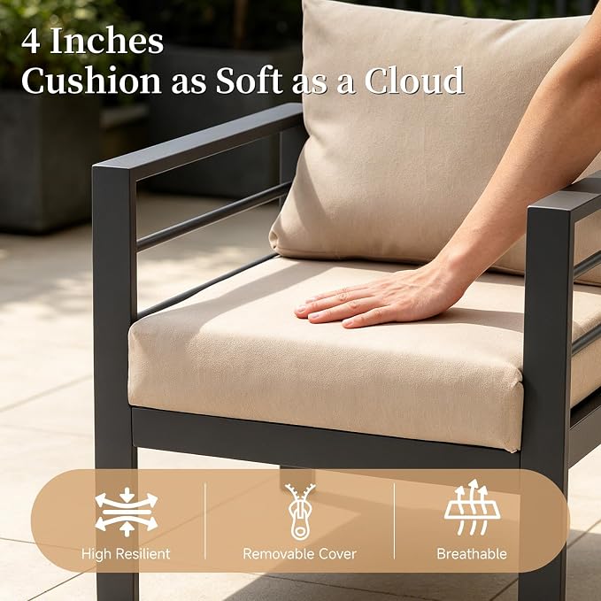 4-Piece Patio Furniture Set – All-Metal Outdoor Sectional Couch with Horizontal Slat Armrests, 4" Cushions & Coffee Table, Modern Patio Conversation Set for Porch, Balcony, or Deck (Beige)